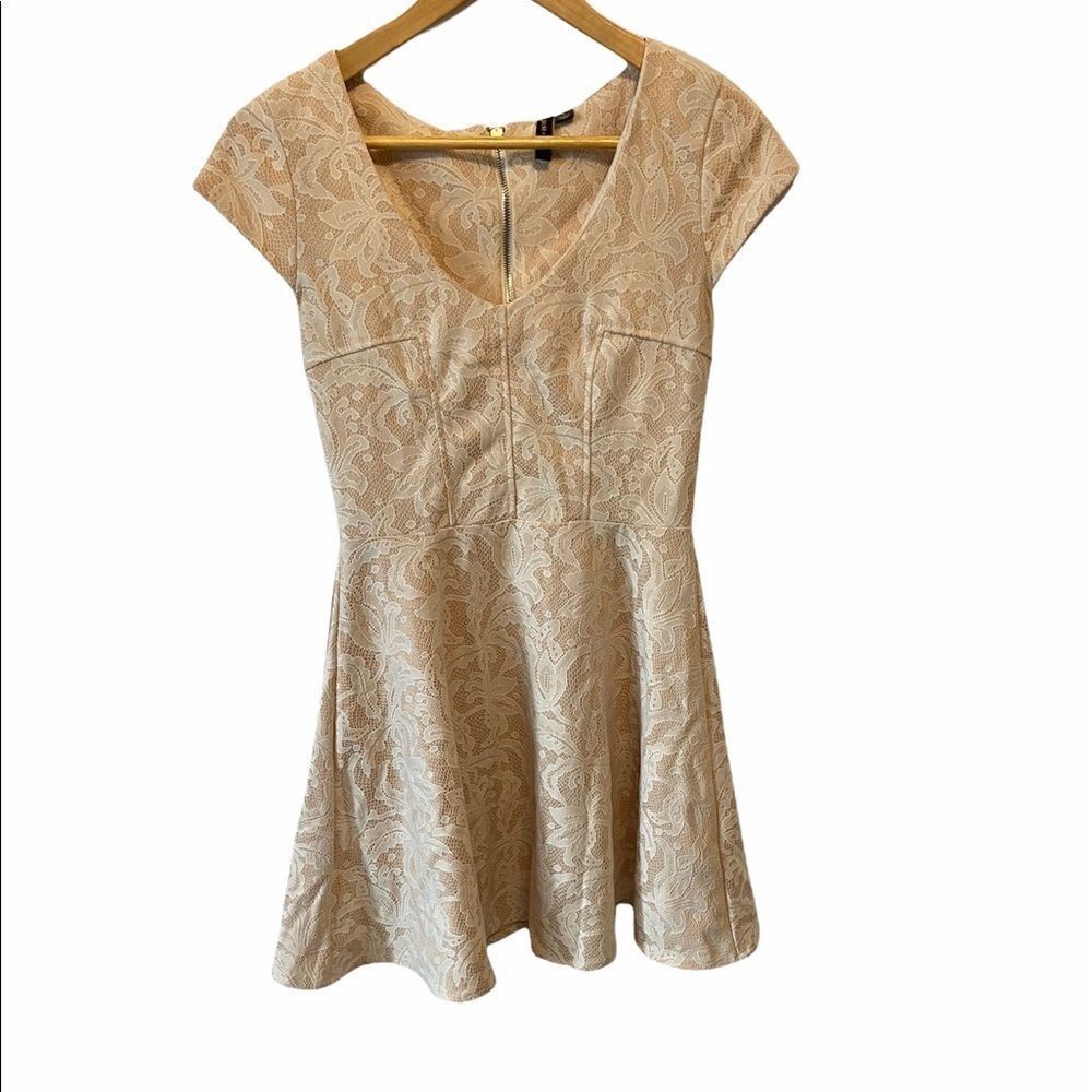 Tan&Cream Lace Overlay Short Sleeve Mini Dress S